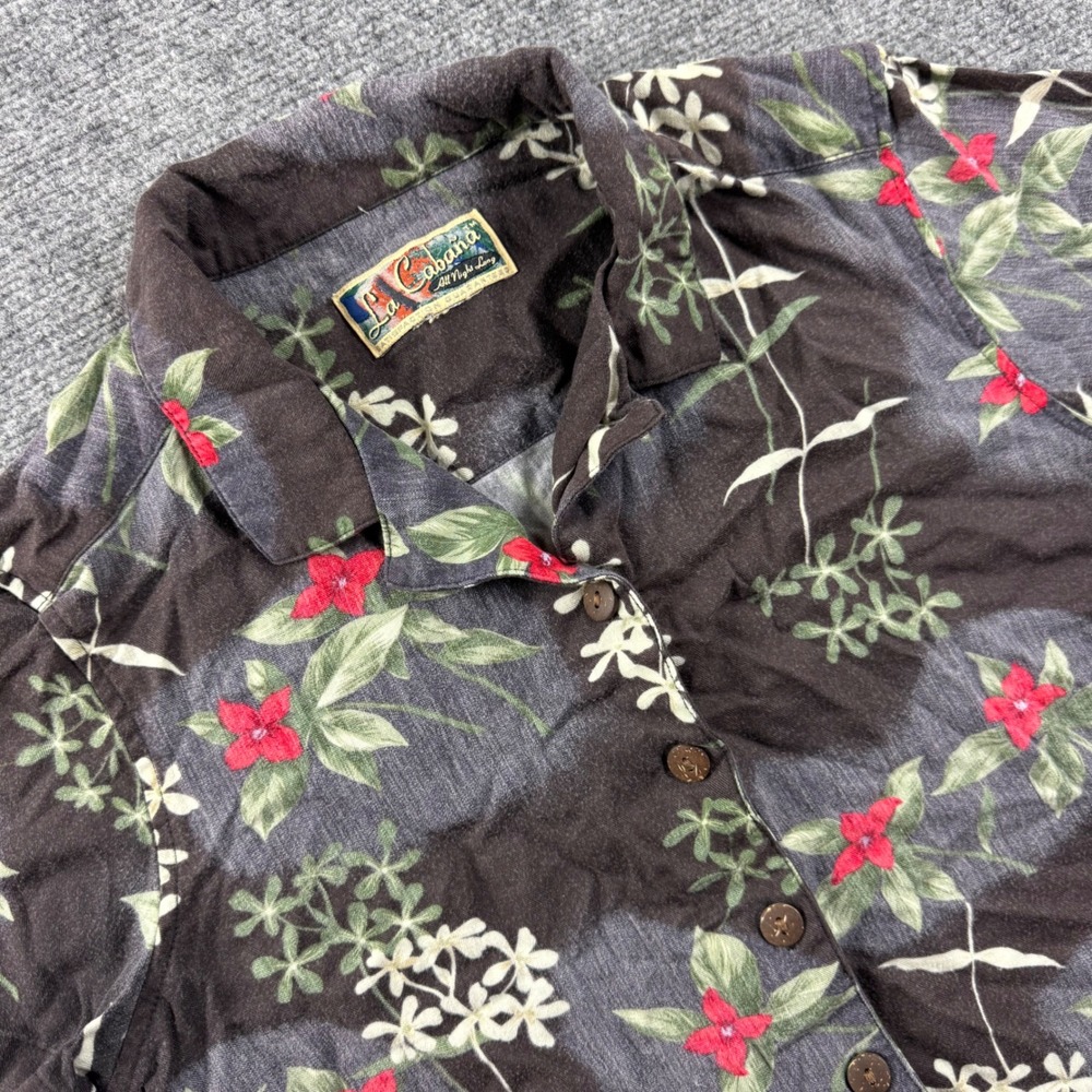 La Cabana Button Up Shirt S Black Floral Tropical Short Sleeve Mens